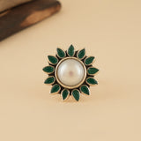 Emerald Flower Pearl Ring