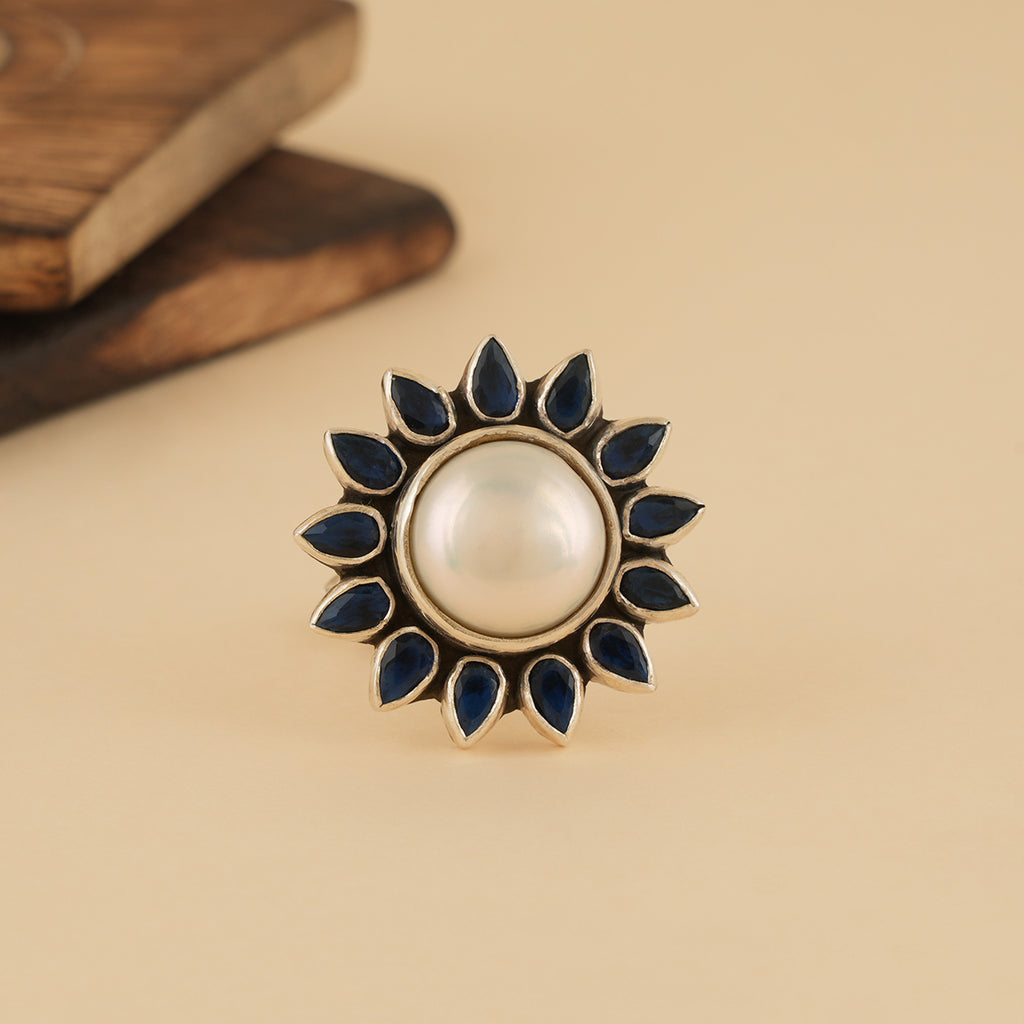 Blue Flower Pearl Ring