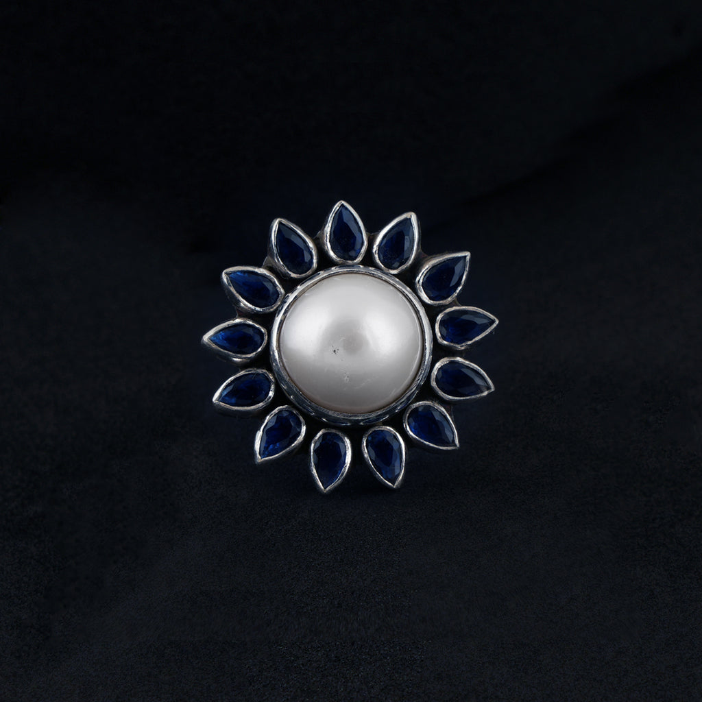 Blue Flower Pearl Ring