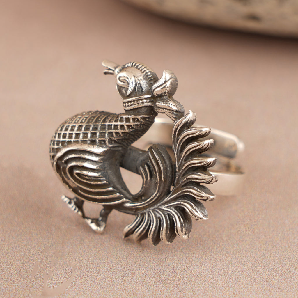 Dancing Peacock Silver Ring