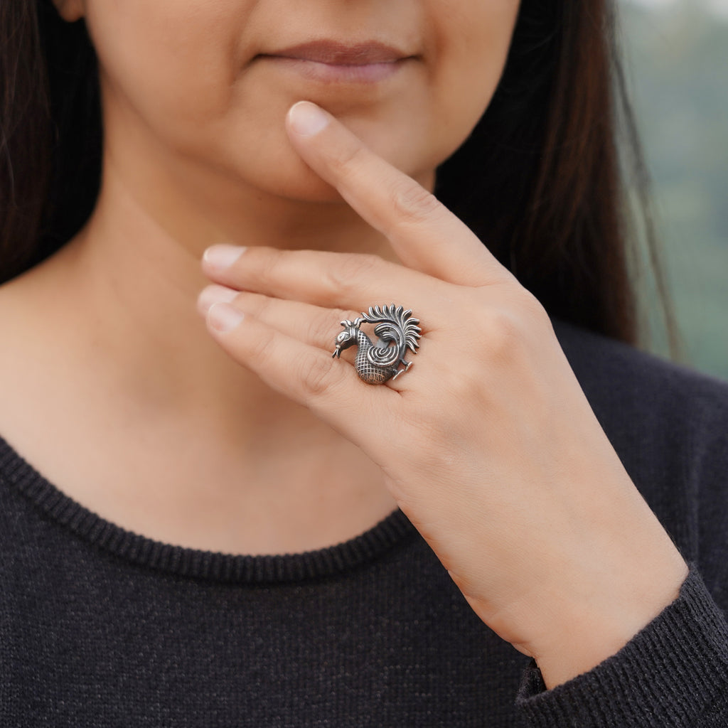 Dancing Peacock Silver Ring