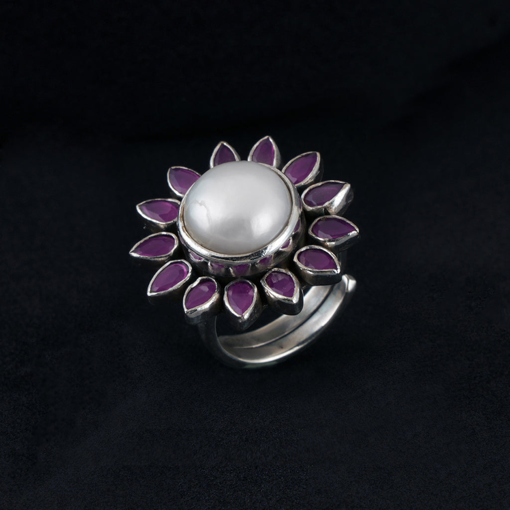Ruby Flower Pearl Ring