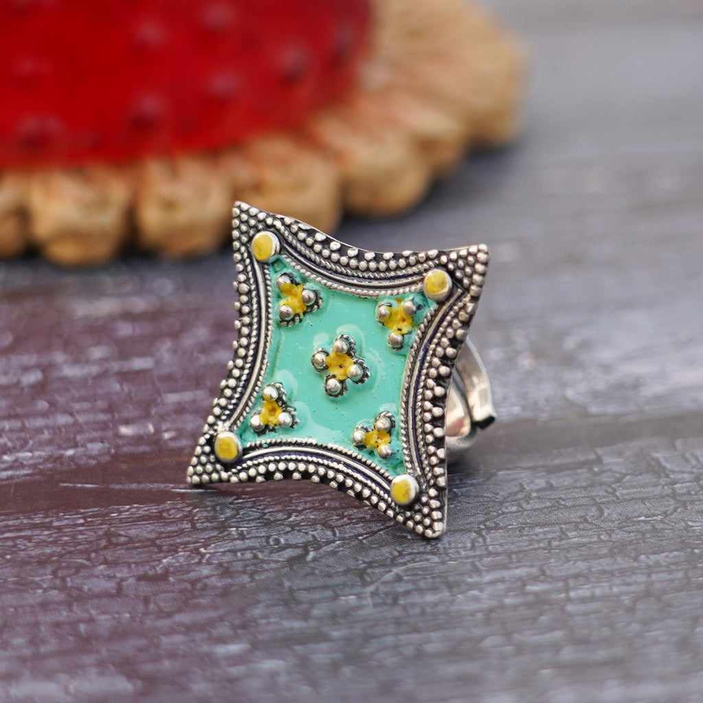 Green Yellow Enameled Ring