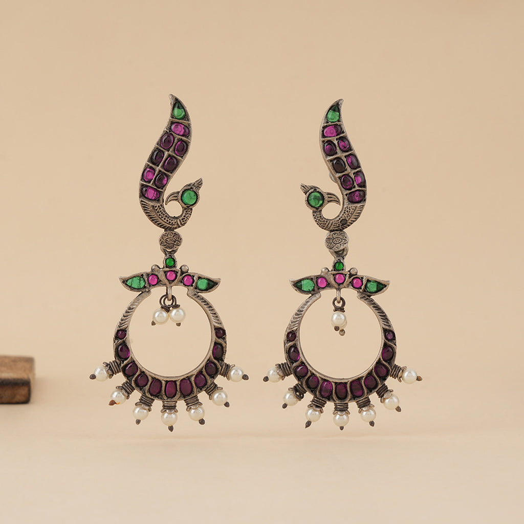 Peacock Chaand Baali Silver Earrings