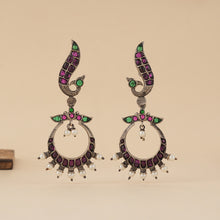 Load image into Gallery viewer, Peacock Chaand Baali Silver Earrings