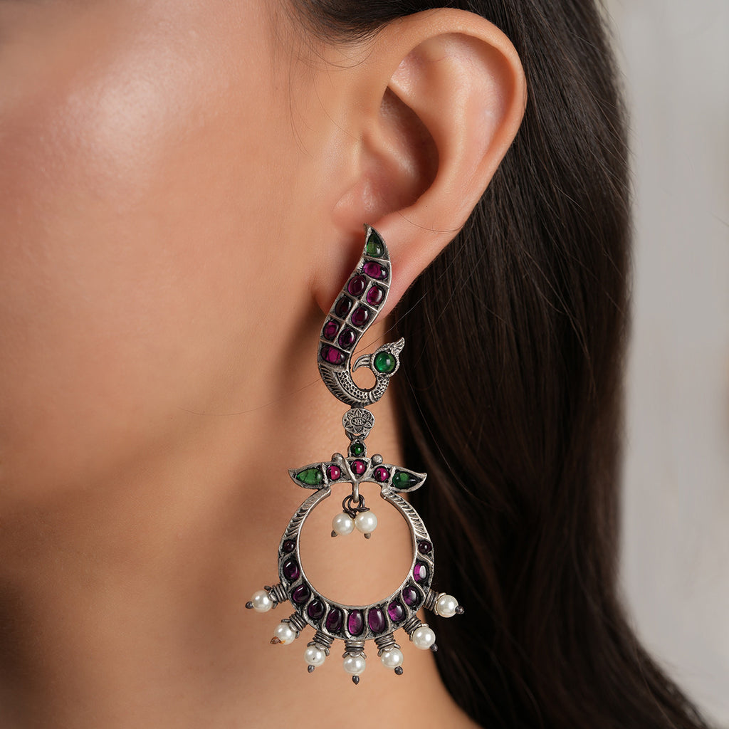 Peacock Chaand Baali Silver Earrings