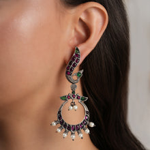 Load image into Gallery viewer, Peacock Chaand Baali Silver Earrings
