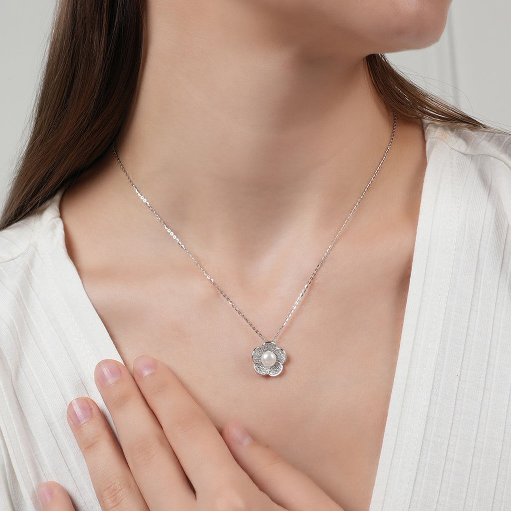 Silver Floral Pearl Necklace