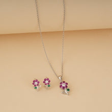 Load image into Gallery viewer, Silver Floral Red Zircon Pendant Set