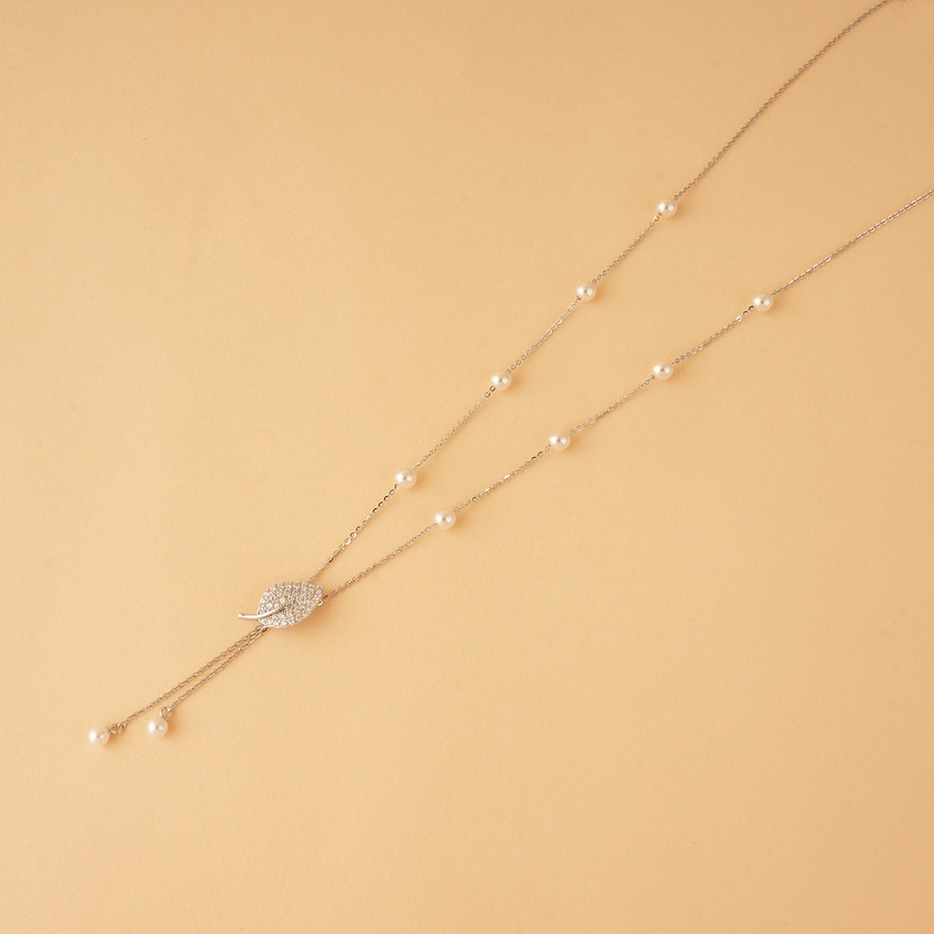Silver Zircon Leaf Necklace