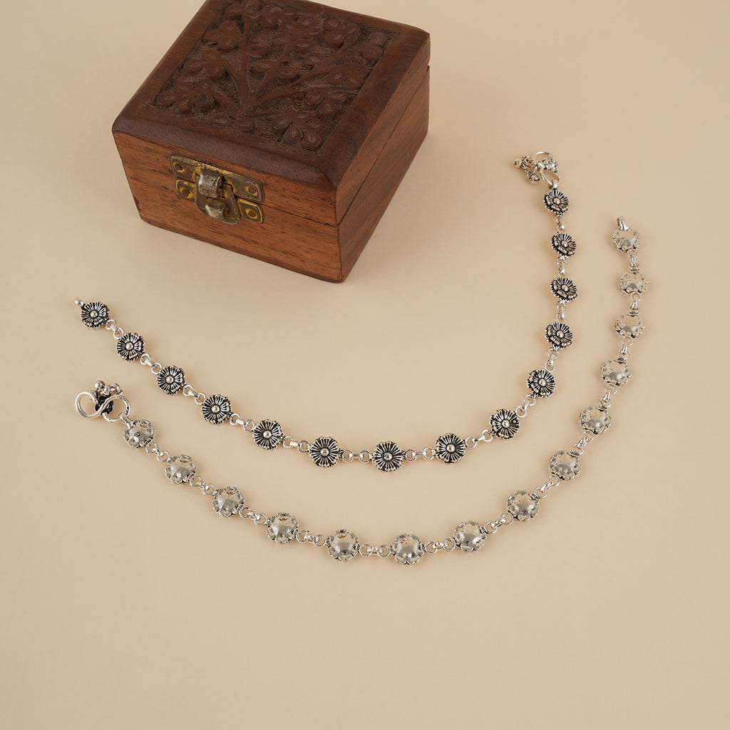 Silver 925 Oxidized Floral Anklet Pair