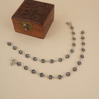 Silver 925 Oxidized Floral Anklet Pair