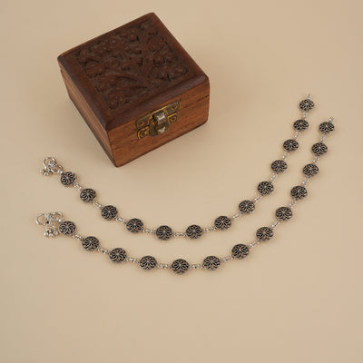Silver 925 Oxidized Flower Anklet Pair