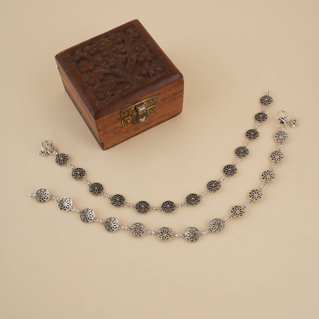 Silver 925 Oxidized Flower Anklet Pair