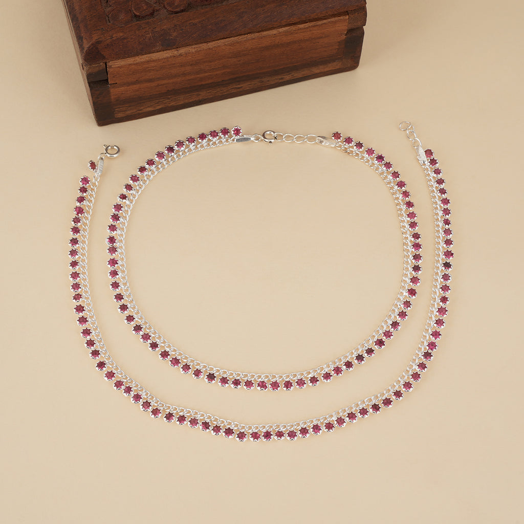 925 Silver Pink Stone Anklets