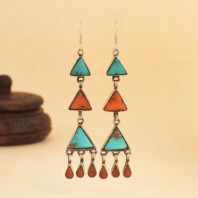 Turquoise & Coral Layered Triangle Earrings