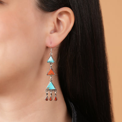 Turquoise & Coral Layered Triangle Earrings