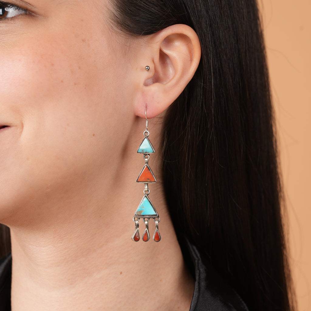 Turquoise & Coral Layered Triangle Earrings