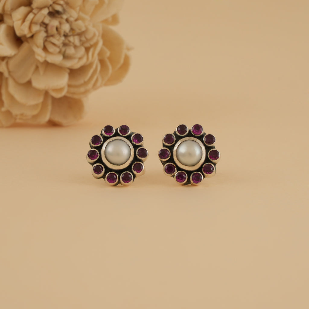 Mini Silver Pearl & Ruby Studs