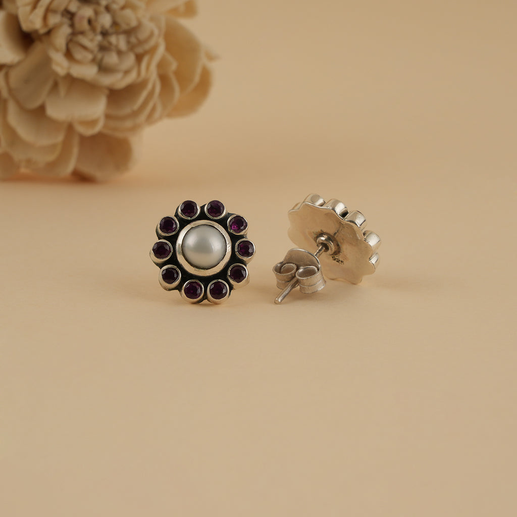 Mini Silver Pearl & Ruby Studs