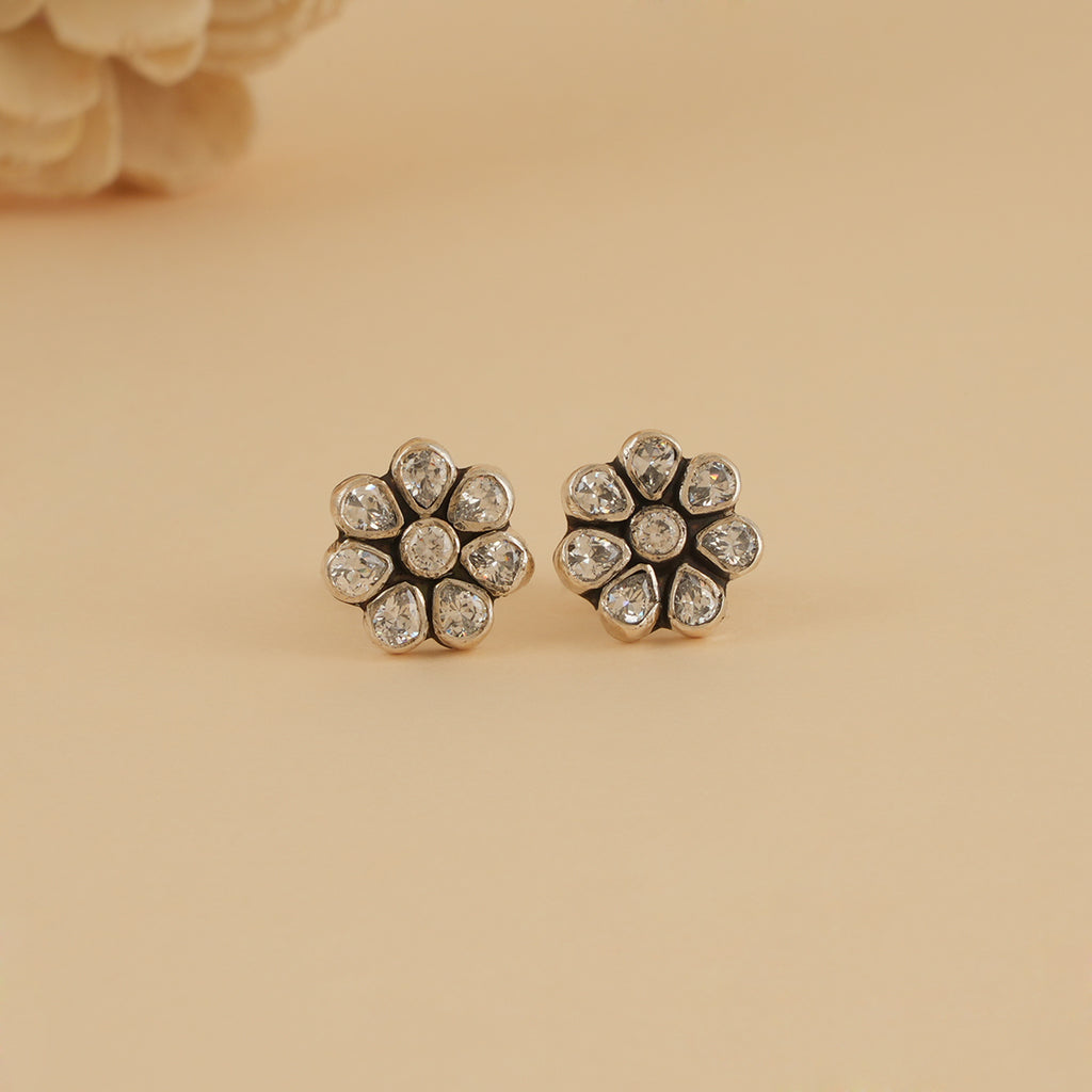 Mini Silver Zircon Flower Stud Earrings