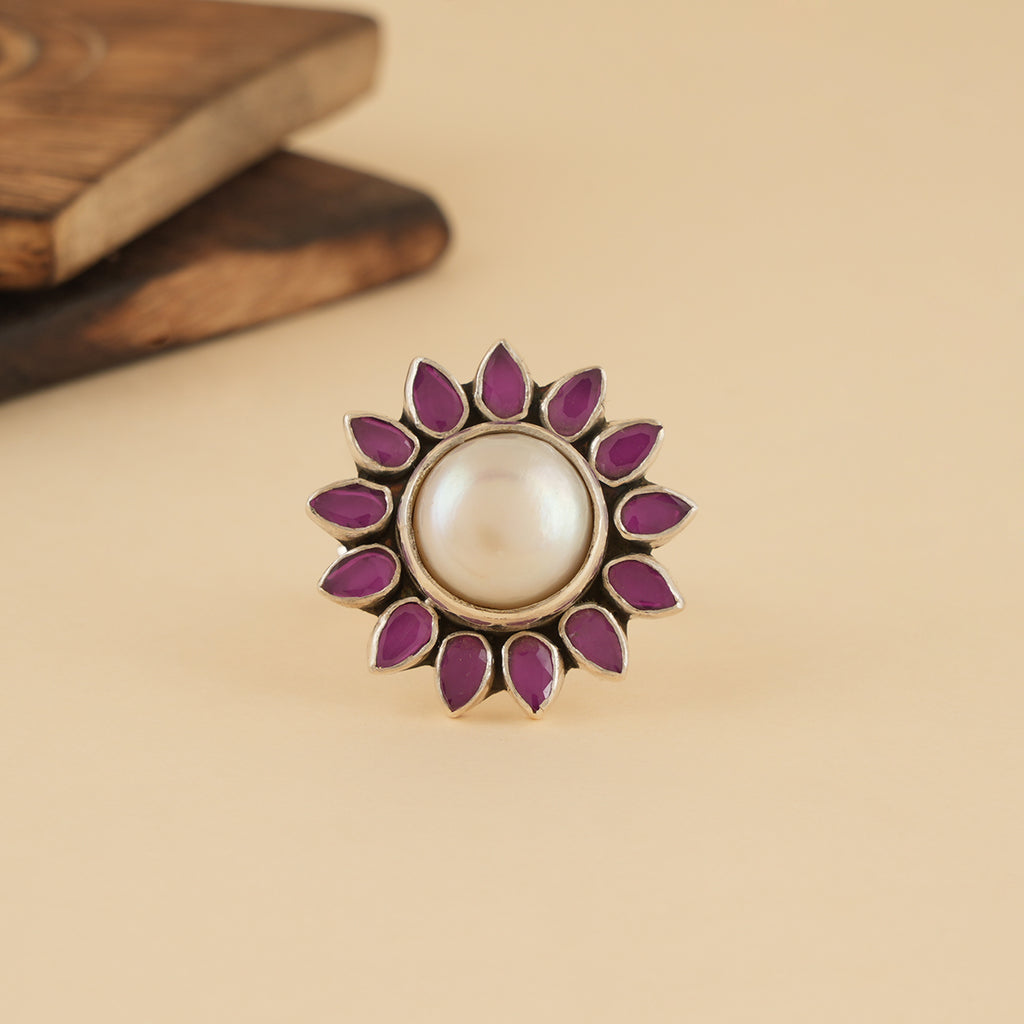 Red Flower Pearl Ring