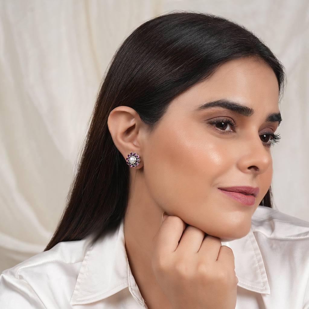 Mini Silver Pearl & Ruby Studs