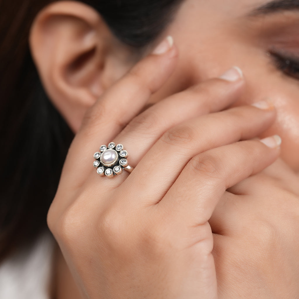 Dainty Zircon & Pearl Flower Ring