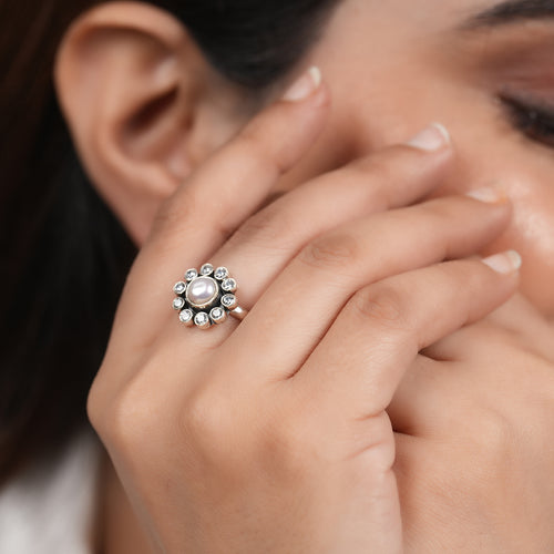 Dainty Zircon & Pearl Flower Ring
