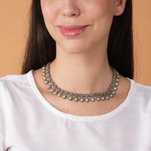 Load image into Gallery viewer, Silver choker worn by a woman with white top