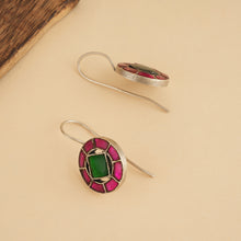 Load image into Gallery viewer, Silver kundan work earrings with green and pink stones on a beige surface
