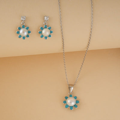 Blue Pearl Flower Silver Pendant Set