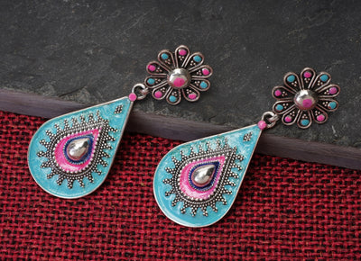 Blue Pink Enameled Silver Earrings