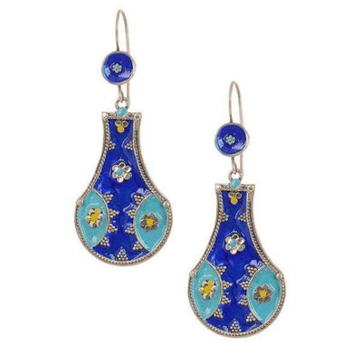 Blue Yellow Enameled Silver Earrings