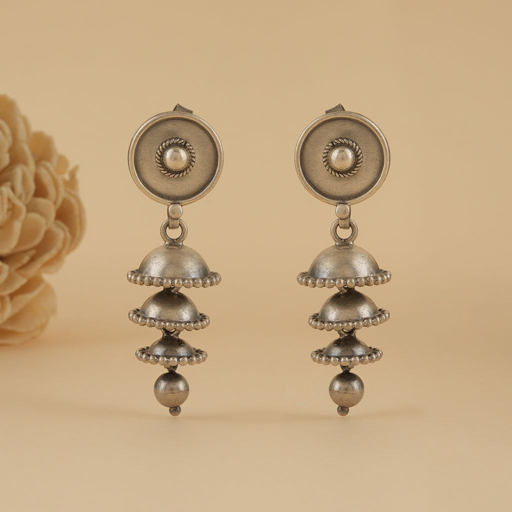 Layered Silver Jhumki Stud Earrings