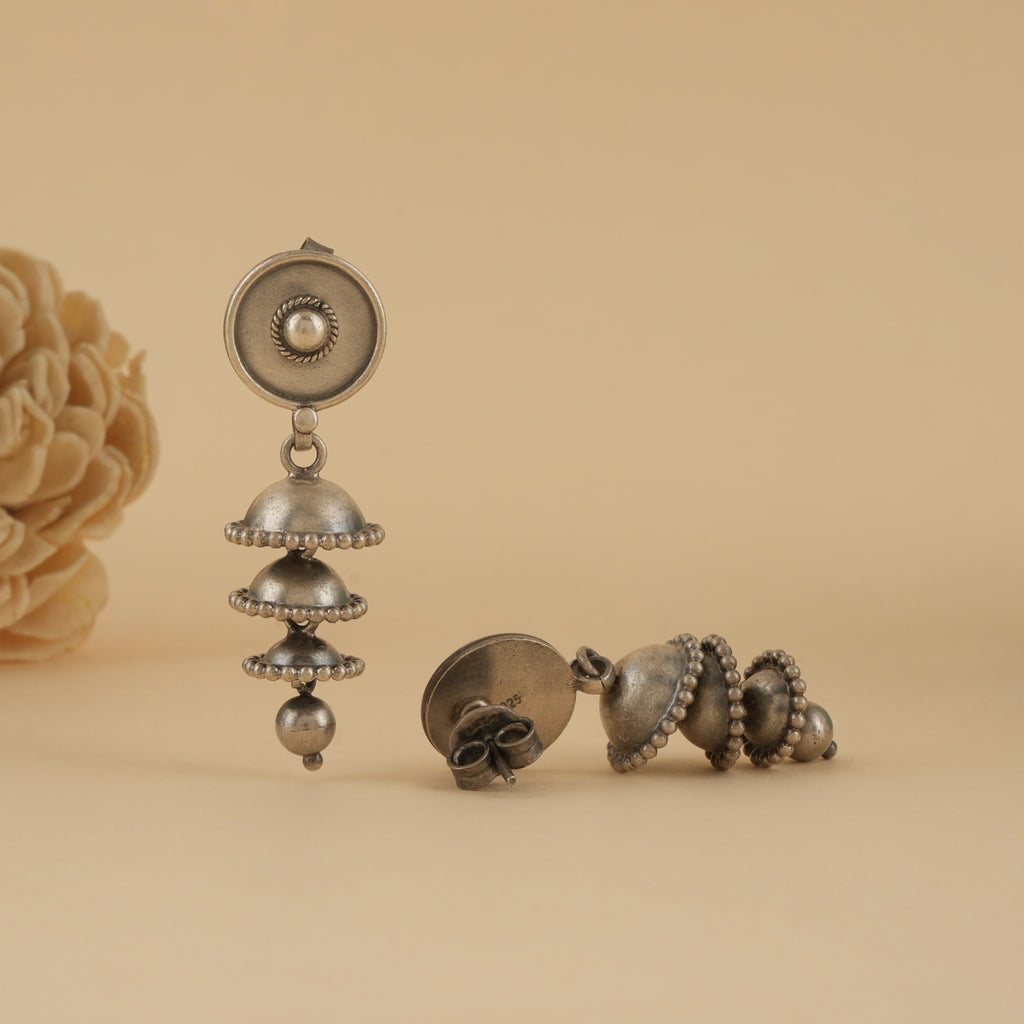 Layered Silver Jhumki Stud Earrings