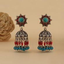 Load image into Gallery viewer, Dana Art Jhumkas with Coral &amp; Turquoise Drops