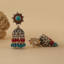 Load image into Gallery viewer, Dana Art Jhumkas with Coral &amp; Turquoise Drops