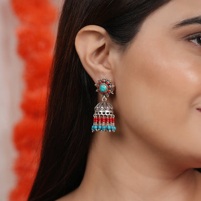 Dana Art Jhumkas with Coral & Turquoise Drops