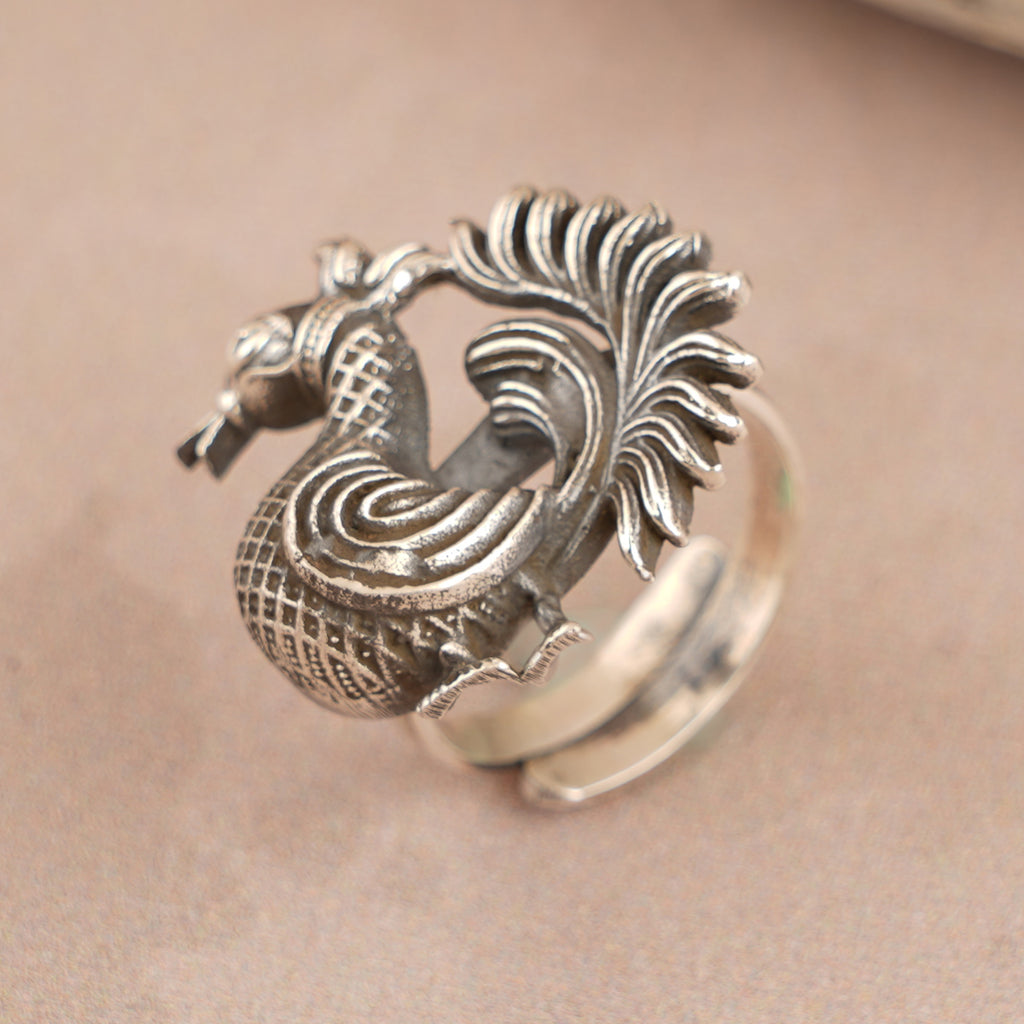 Dancing Peacock Silver Ring