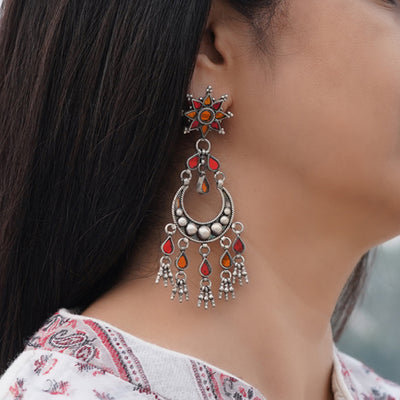 Red & Orange Glass Silver Earrings