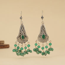 Load image into Gallery viewer, Intricate Silver Earrings with Emerald Beads