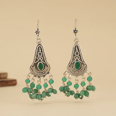 Intricate Silver Earrings with Emerald Beads