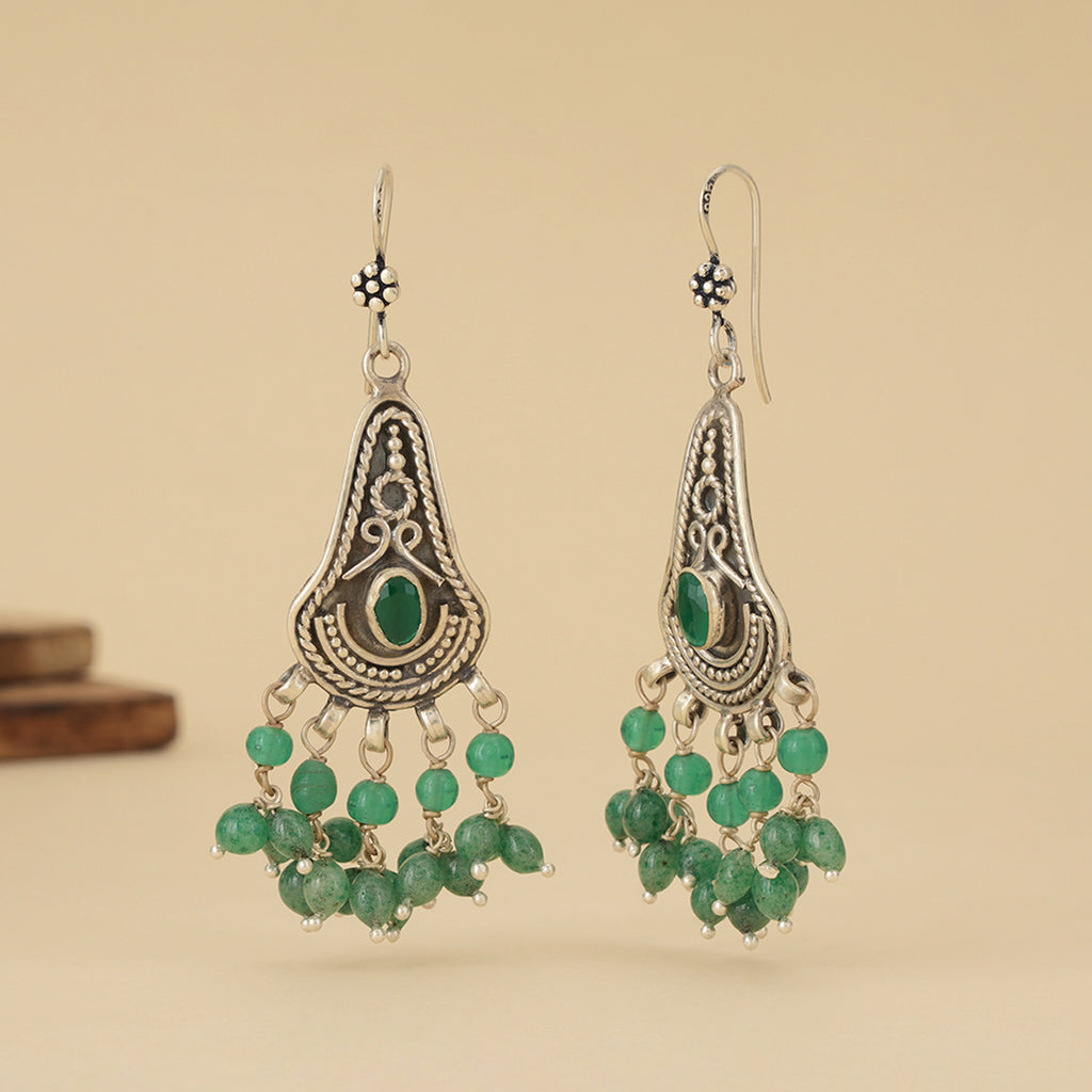 Intricate Silver Earrings with Emerald Beads