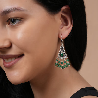 Intricate Silver Earrings with Emerald Beads