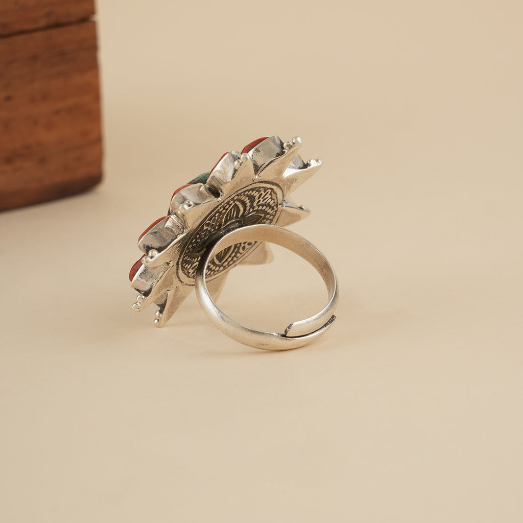 Floral Coral Silver Ring