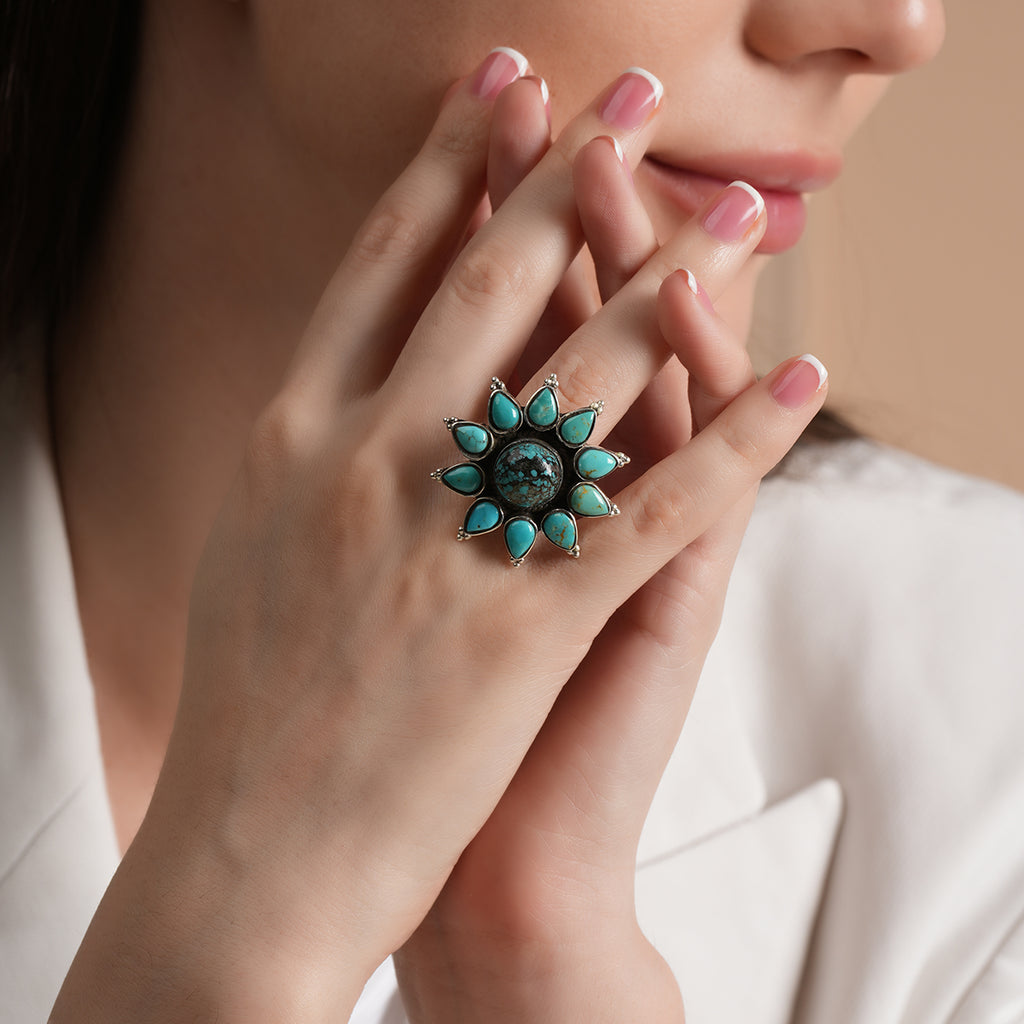 Floral Firoza Silver Ring