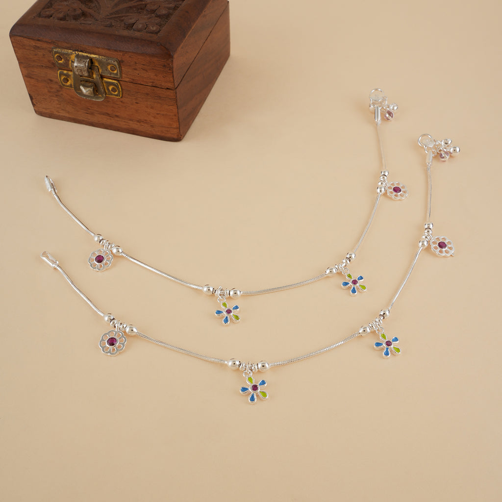Enameled Flowers Silver Anklet Pair