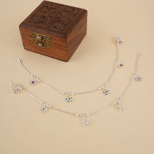 Load image into Gallery viewer, Enameled Flowers Silver Anklet Pair
