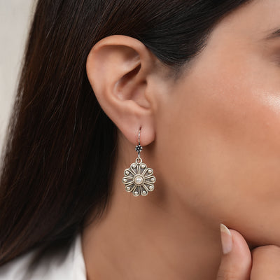 Floral Silver Hook Earrings